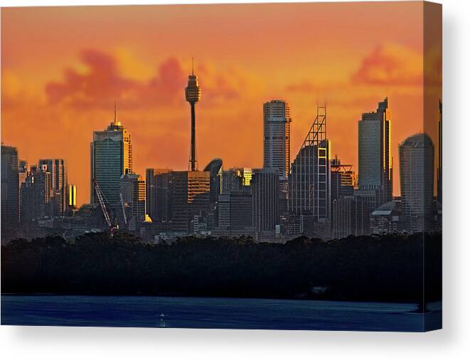 North Head Canvas Print featuring the photograph CIty Of Sydney And Orange Clouds by Miroslava Jurcik