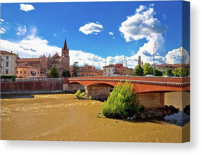 San Fermo Canvas Print featuring the photograph City of Verona Adige river and San Fermo Maggiore church by Brch Photography