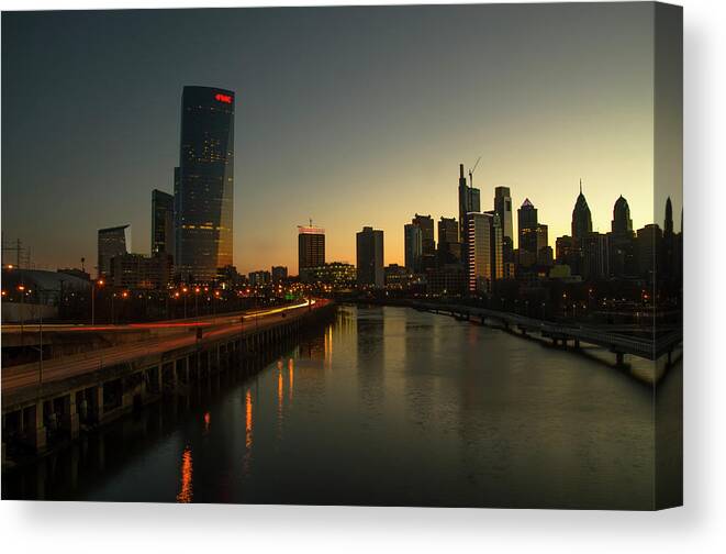 Cityscape Canvas Print featuring the photograph Cityscape from South Street at Night - Philadelphia by Bill Cannon