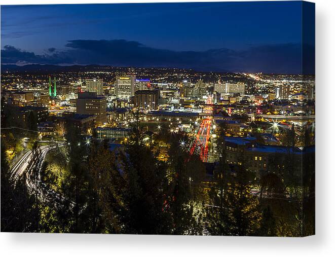 Mark Kiver Canvas Print featuring the photograph Cliff Drive Rush Hour - Spokane by Mark Kiver