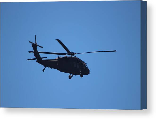 Blackhawk Canvas Print featuring the photograph Closeup of Blackhawk Flying Over Pier by Colleen Cornelius