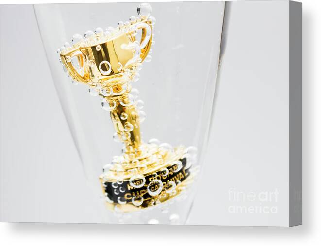 Horse Canvas Print featuring the photograph Closeup of small trophy in champagne flute. Gold colored award i by Jorgo Photography