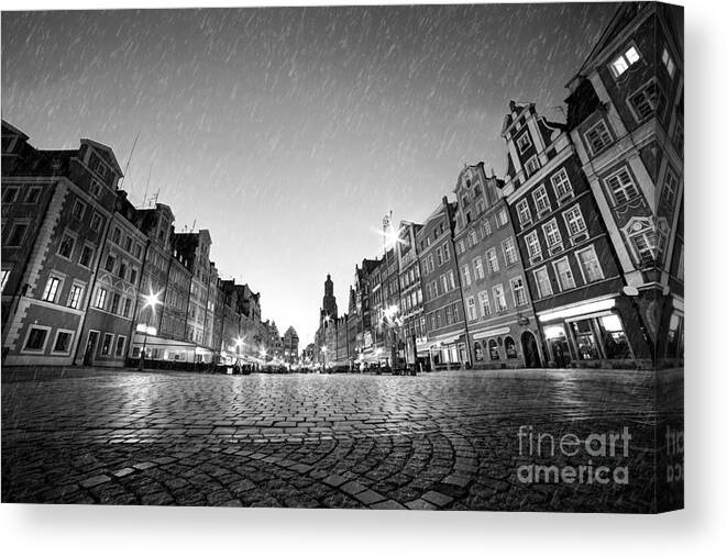Old Canvas Print featuring the photograph Cobblestone historic old town in rain at night Wroclaw by Michal Bednarek