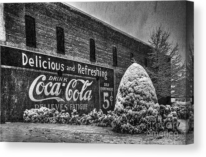 Red Canvas Print featuring the photograph Coca Cola Sign in BW by T Lowry Wilson