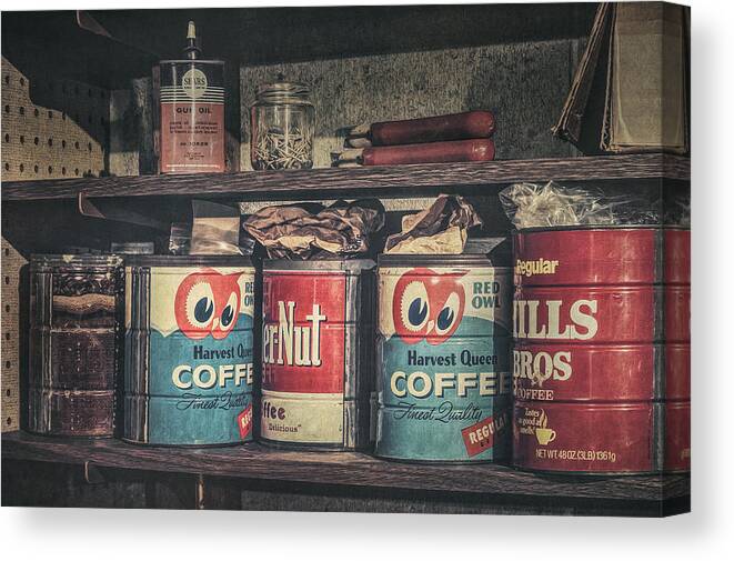 Coffee Tin Canvas Print featuring the photograph Coffee Tins All in a Row by Scott Norris