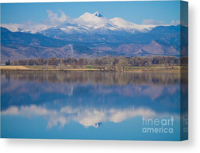 'longs Peak' Longs Peak Co' Canvas Print featuring the photograph Colorado Longs Peak Circling Clouds Reflection by James BO Insogna