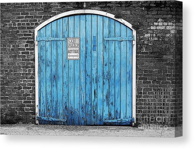 Color Splash Canvas Print featuring the digital art Colorful Blue Garage Door French Quarter New Orleans Color Splash Black and White and Poster Edges by Shawn O'Brien