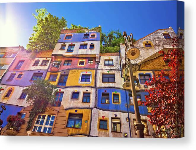 Vienna Canvas Print featuring the photograph Colorful Hundertwasserhaus architecture of Vienna view by Brch Photography