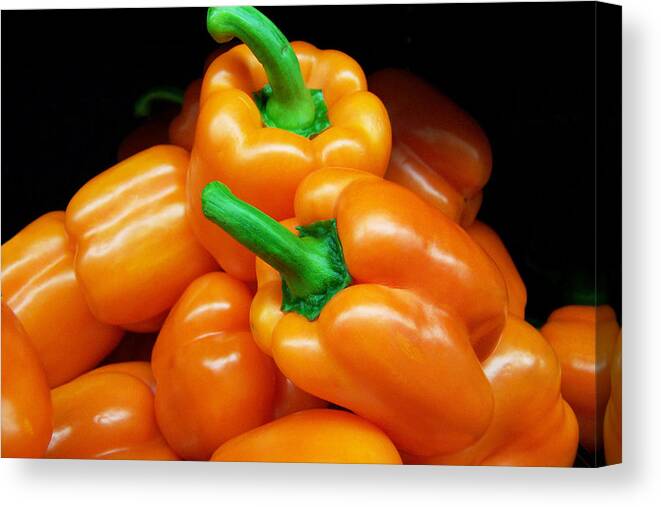 Bright Canvas Print featuring the photograph Colorful Orange Bell Peppers by Kathy Clark
