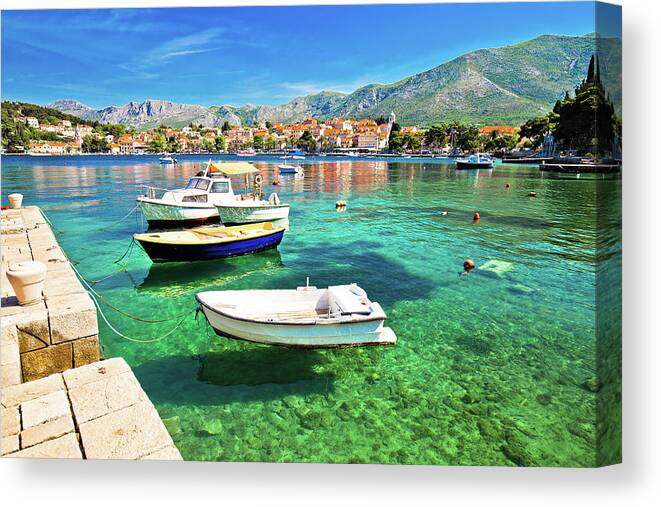 Cavtat Canvas Print featuring the photograph Colorful turquoise waterfront in town of Cavtat by Brch Photography