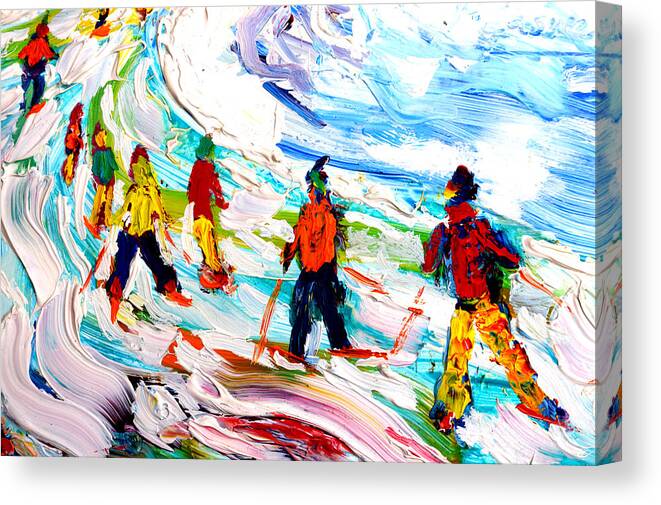Skiing Canvas Print featuring the painting Colours Down the Piste by Pete Caswell