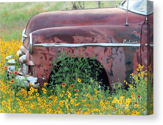 Old Car With Flowers Canvas Print featuring the photograph Comes With Flowers by Joe Pratt