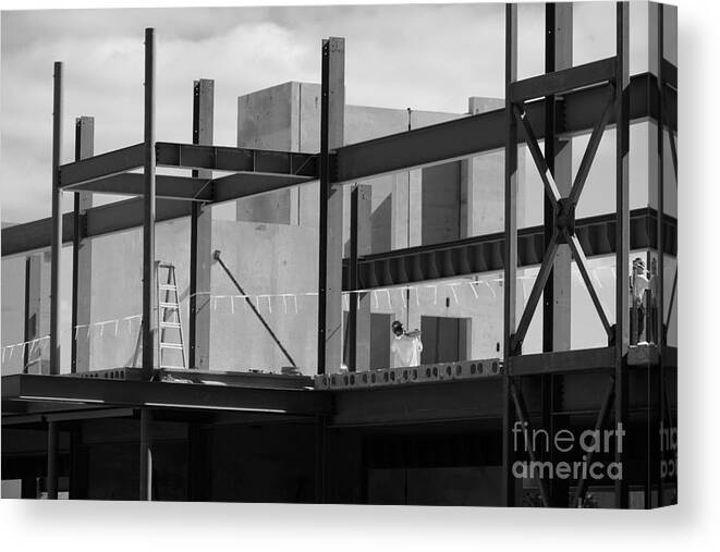 Construction Build Building Steel Iron Work Worker Workers Concrete Beam Beams Black White Monochrome Canvas Print featuring the photograph Construction Zone 2158 by Ken DePue