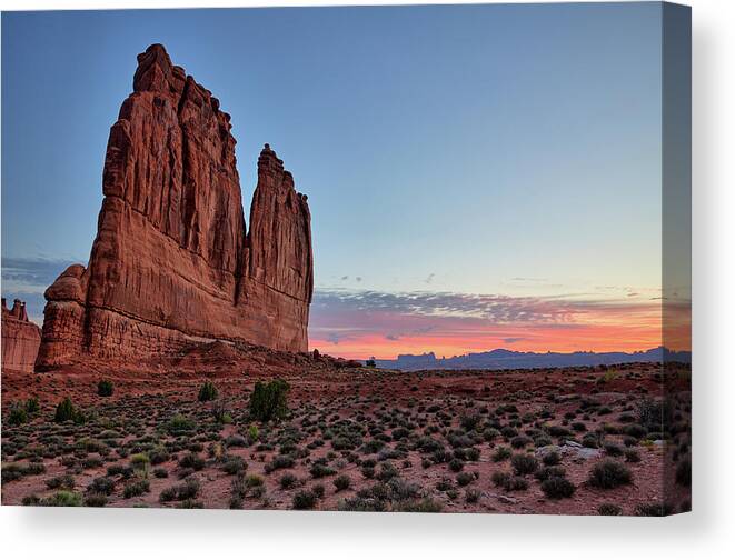 Dawn Canvas Print featuring the photograph Courthouse Towers Arches National Park at Dawn by Kyle Lee