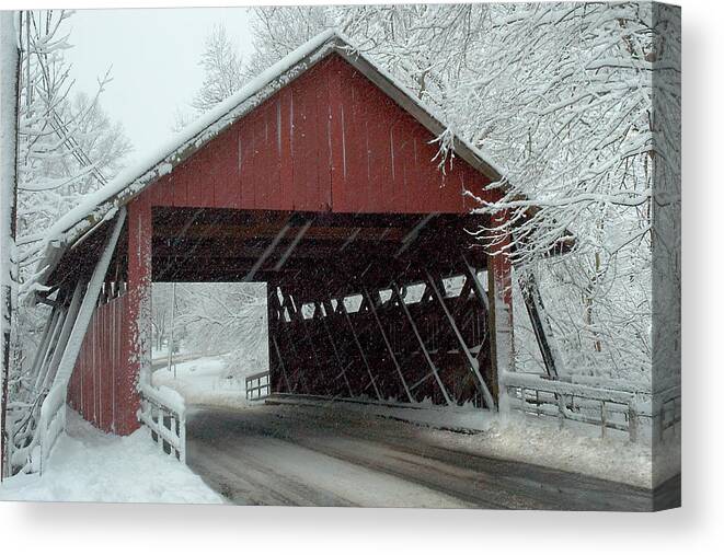 Covered Bridge Canvas Print featuring the photograph Covered Bridge in Snow by Don Mennig