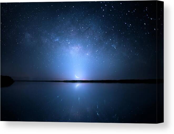 Milky Way Canvas Print featuring the photograph Crescent Moon Milky Way by Mark Andrew Thomas
