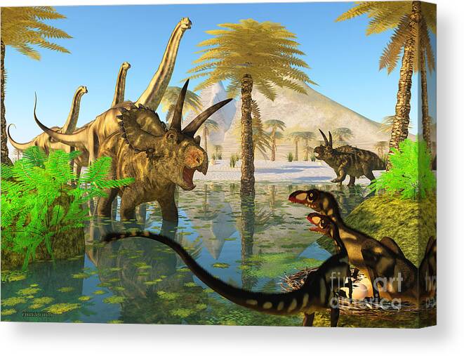 Coahuilaceratops Canvas Print featuring the painting Cretaceous Swamp by Corey Ford