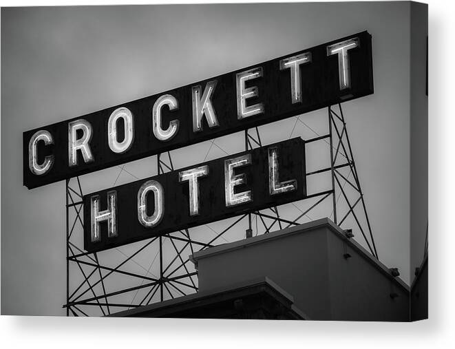 America Canvas Print featuring the photograph Crockett Hotel Vintage Neon Black and White - San Antonio by Gregory Ballos