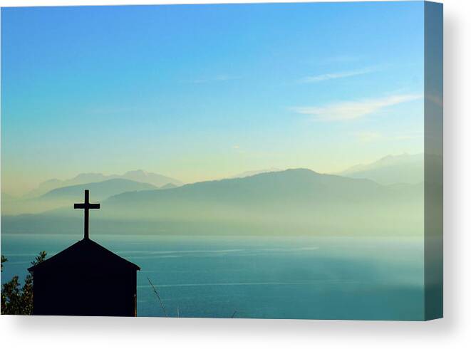 Landscape Canvas Print featuring the photograph Cross and foggy moutains in Greece by Susan Vineyard