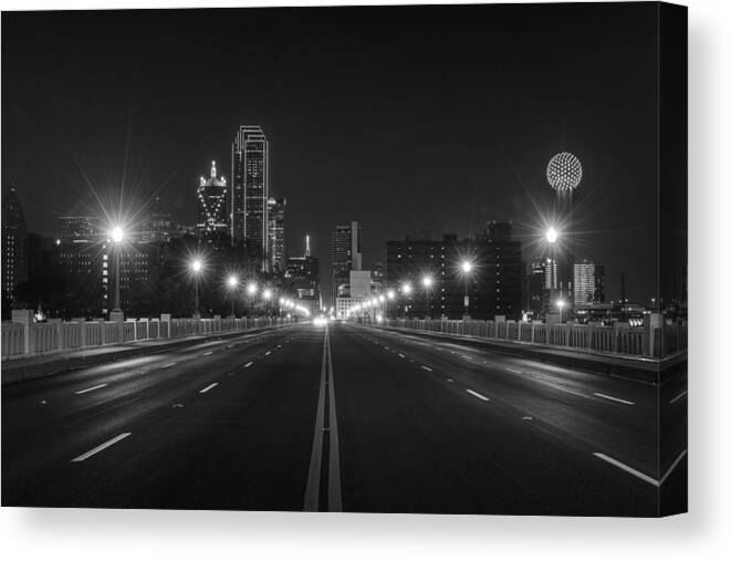 Dallas Canvas Print featuring the photograph Crossing The Bridge to DownTown Dallas at Night in Black and White by Todd Aaron