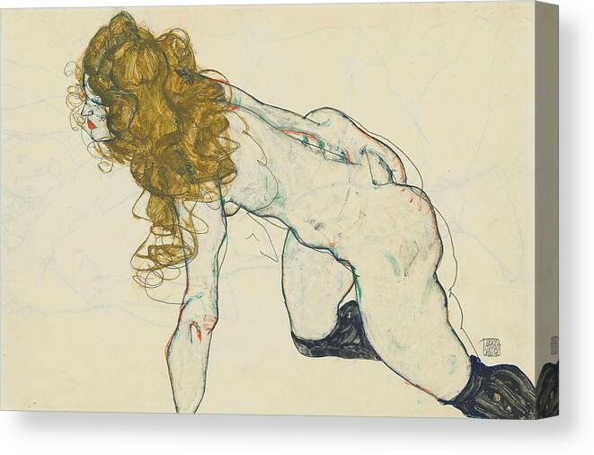 Egon Schiele Canvas Print featuring the drawing Crouching Blonde Nude with extended Left Arm by Egon Schiele