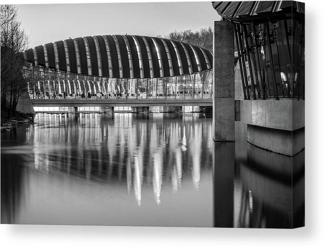 America Canvas Print featuring the photograph Crystal Bridges Museum Reflections Black and White - Bentonville Arkansas by Gregory Ballos