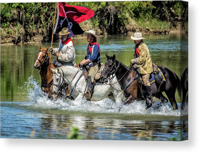 Little Bighorn Re-enactment Canvas Print featuring the photograph Custer Crossing Little Bighorn River by Donald Pash
