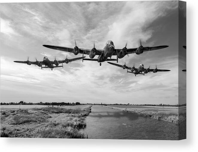 617 Squadron Canvas Print featuring the digital art Dambusters practising low level flying BW version by Gary Eason