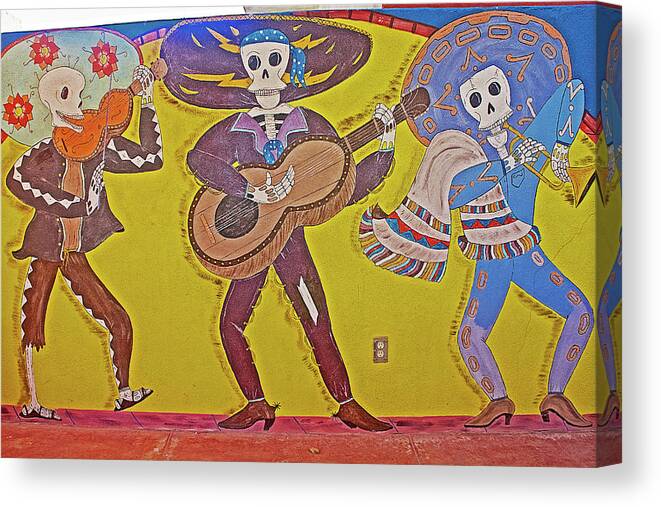 Day Of The Dead Figures On Courtyard Wall Of Xochitl's In La Cholla In Sonora Canvas Print featuring the photograph Day of the Dead Figures on Courtyard Wall of Xochitl's in La Cholla in Sonora-Mexico by Ruth Hager