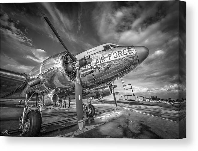 Black And White Canvas Print featuring the photograph DC3 Miss Virginia in Black and White by Phil And Karen Rispin