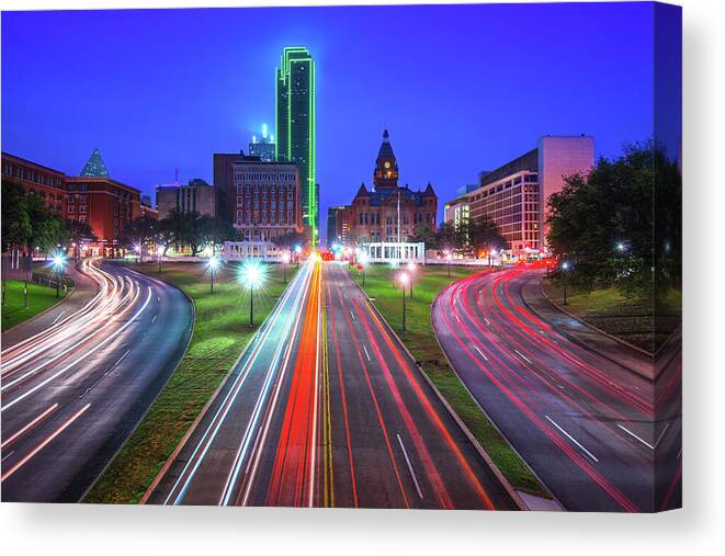 America Canvas Print featuring the photograph Dealey Plaza at Dawn - Dallas Texas Skyline by Gregory Ballos