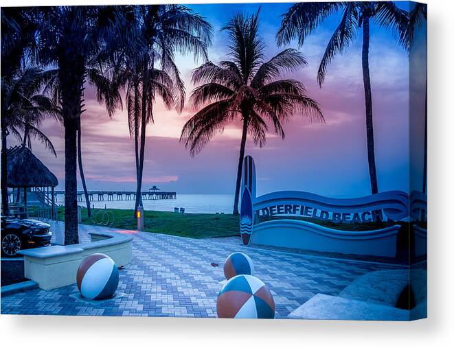 Deerfield Beach Fl Fishing Pier # Fishing Pier # Ocean # Sunrise # Sunrise Florida #  Colorful Sunrise # Canvas Print featuring the photograph Deerfield Beach FL Fishing Pier by Louis Ferreira