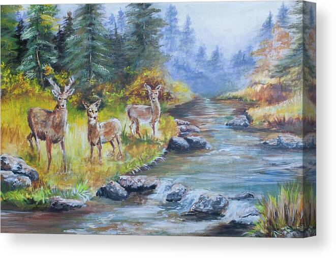 Deers Canvas Print featuring the painting Deers at the Water by Amber Ellison