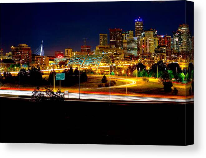 Denver Canvas Print featuring the photograph Denver Night Skyline by James O Thompson