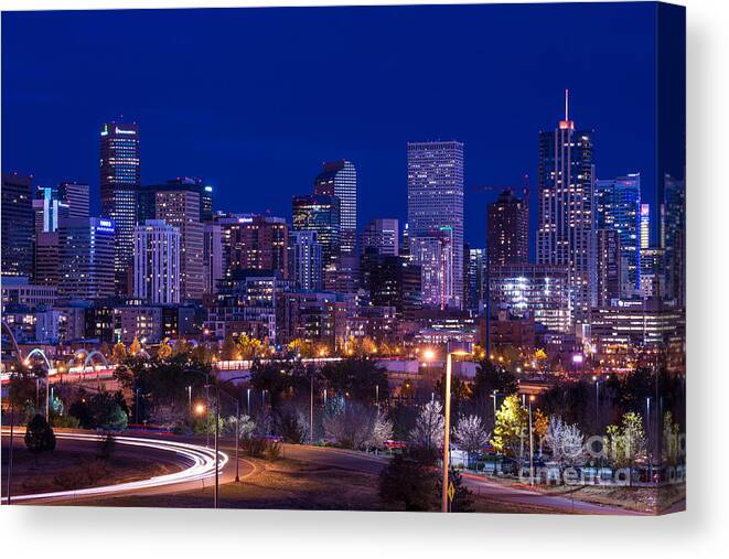Denver Canvas Print featuring the photograph Denver Skyline at Night - Colorado by Gary Whitton