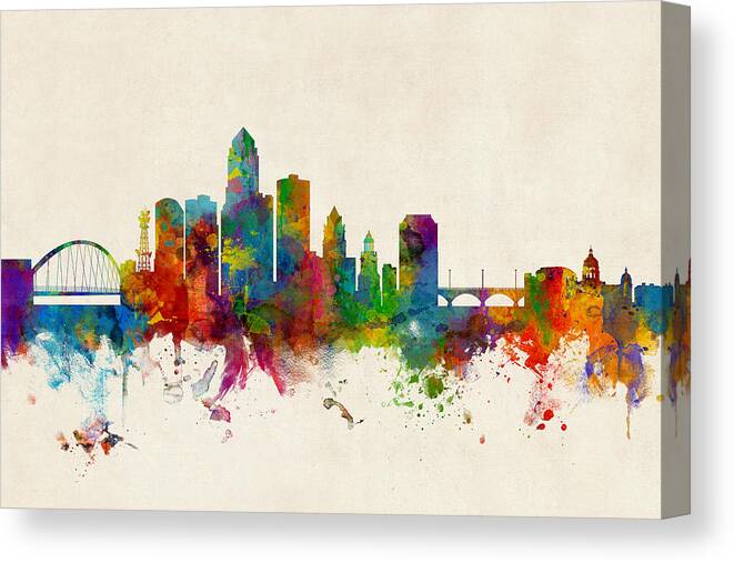 United States Canvas Print featuring the digital art Des Moines Iowa Skyline by Michael Tompsett