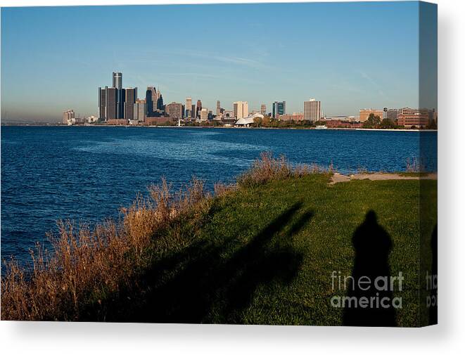 Detroit Canvas Print featuring the photograph Detroit Skyline and Shadow by Steven Dunn