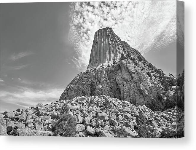 Devil's Tower Canvas Print featuring the photograph Devil's Tower, Wyoming, black and white by Jim Hughes