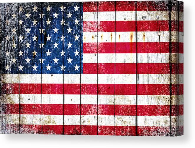 Vintage Canvas Print featuring the digital art Distressed American Flag On Wood Planks - Horizontal by M L C