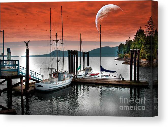 Boats Canvas Print featuring the photograph Dock and the moon by Barry Weiss
