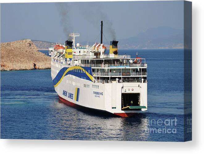 Halki Canvas Print featuring the photograph Docking ferry on Halki by David Fowler