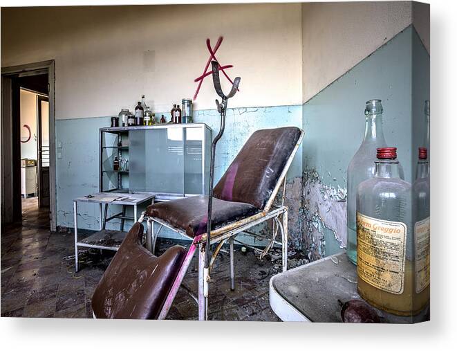 Abandoned Building Canvas Print featuring the photograph Doctor chair awaits patient - urbex by Dirk Ercken