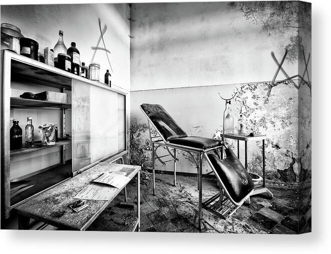 Abandoned Building Canvas Print featuring the photograph Doctors chair awaits patient - Urban decay by Dirk Ercken