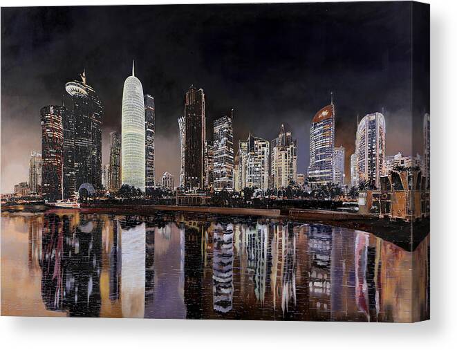 Night In Doha Canvas Print featuring the painting Doha Qatar by Guido Borelli