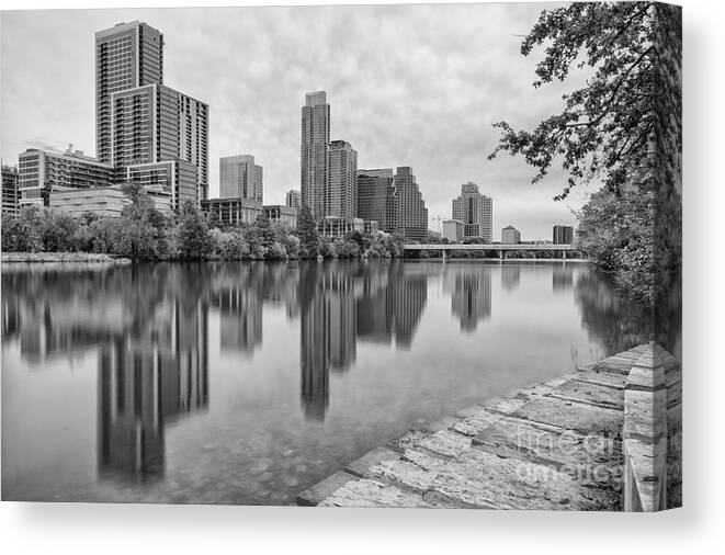 Downtown Canvas Print featuring the photograph Downtown Austin in Black and White Across Lady Bird Lake - Colorado River Texas Hill Country by Silvio Ligutti