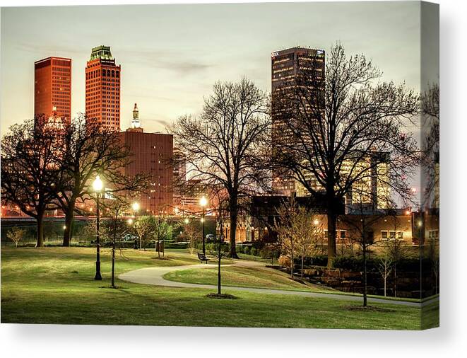 Veterans Park Canvas Print featuring the photograph Veterans Park Skyline View Of Tulsa Oklahoma by Gregory Ballos