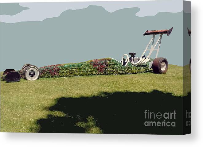 The Annual Spring Planting Of The Burnaby Ecosculpture Dragster Has Begun. It Will Be In Full Bloom Later This Summer. A Fun Garden Piece ......life Size Dragster Scale. Canvas Print featuring the photograph Dragster Flower Bed by Bill Thomson