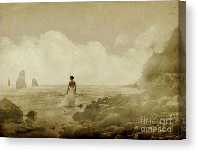Woman Canvas Print featuring the photograph Dramatic seascape and woman by Clayton Bastiani