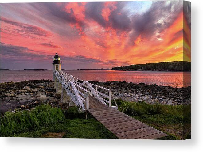 Lighthouse Canvas Print featuring the photograph Dramatic Sunset at Marshall Point Lighthouse by John Vose