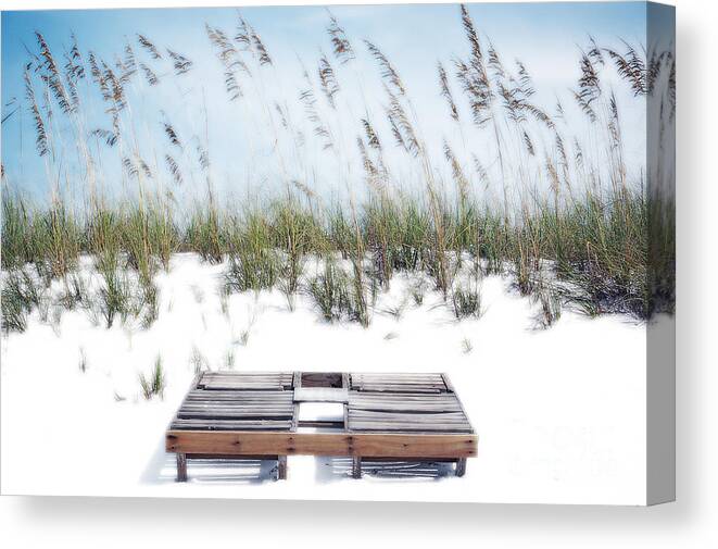 Destin Canvas Print featuring the photograph Dual Wooden Tanning Beds on White Sand Dune Destin Florida Diffuse Glow Digital Art by Shawn O'Brien